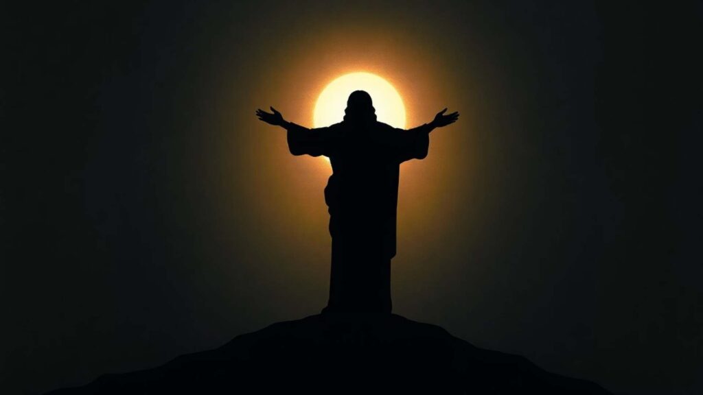 Jesus Silhouette with the Cross and Sun